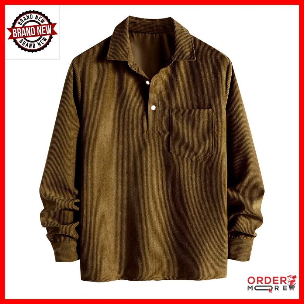 Men's Corduroy Pullover Shirt Long Sleeve Button Front Pocket Casual Work
